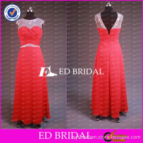 CE633 Fancy Hot Model Cap Sleeve Floor Length Low Back Red Chiffon Evening Dress